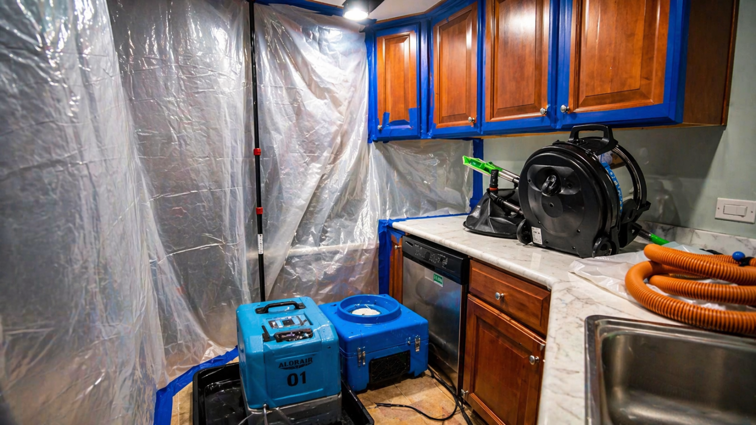 Mold remediation containment setup in Fresno CA with plastic barriers and professional equipment